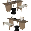 Quiet Style Desk and Chair Combination Rectangular Desk Single Chair Bench Round Stool 3d model