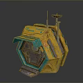 Futuristic Sci Fi Landscape Featuring Yellow Green Hexagonal Structure With Antenna And Mechanical Parts