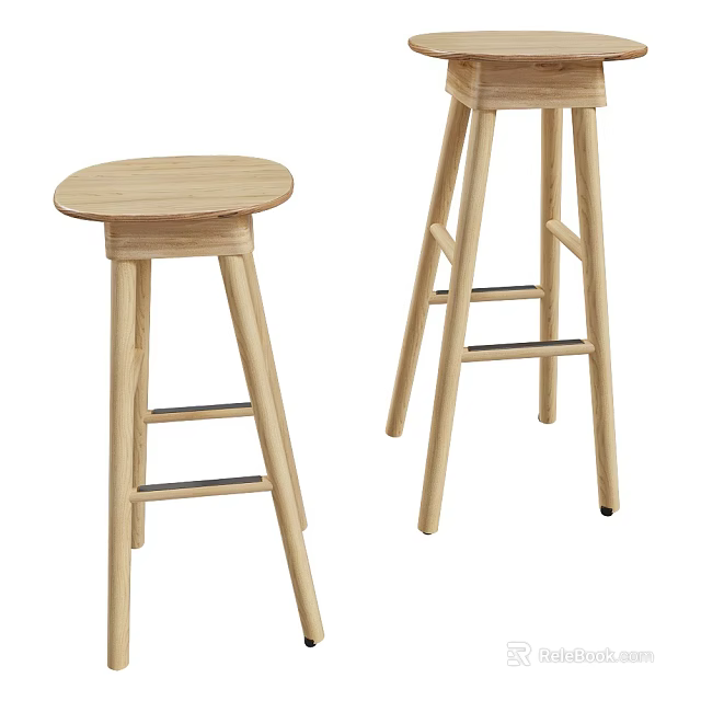 Natural Wooden Bar Stools With Round Seat And Sturdy Crossbar Design 3d model 