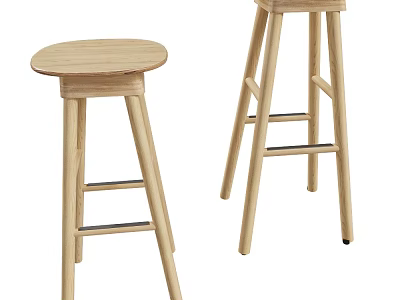 Natural Wooden Bar Stools With Round Seat And Sturdy Crossbar Design 3d model