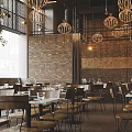Cozy Restaurant Interior With Wooden Tables Chairs Large Windows Building View And Green Plant