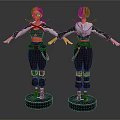 3D Female Character Model Front Back View With Braided Hair Tactical Costume On Black Base