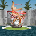 Abstract Sculpture with Red Gold Flowing Ribbons Central White Sphere Palm Trees and Reflecting Pool