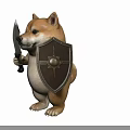 Cute Shiba Inu Dog Standing Holding Sharp Knife And Metal Shield