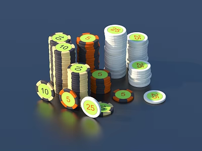 Household Game Chips With Various Denominations Stacked And Scattered In Yellow Orange White Black Colors 3d model