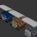 Single Chair Interior in Airplane Cabin With Blue Brown Grey Seats and Trolley