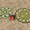 Green Round Rugs With White Floral Spiral Pattern On Wooden Herringbone Floor And Pumpkin Decor