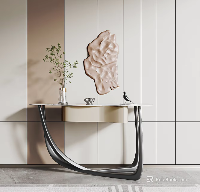 Elegant Modern Console Table With Glass Top Metal Legs Green Plant And Wall Sculpture 3d model 