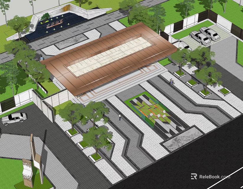 Modern Architectural Entrance Gate With Wooden Roof Lush Greenery And Paved Driveway 3d model 