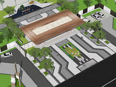 Modern Architectural Entrance Gate With Wooden Roof Lush Greenery And Paved Driveway 3d model