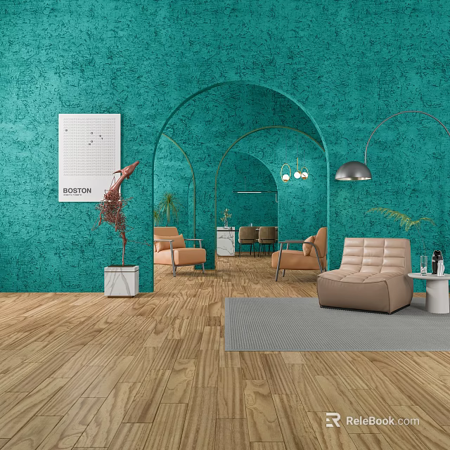 Modern Hotel Lobby Interior With Teal Walls Arched Design And Comfortable Seating 3d model 