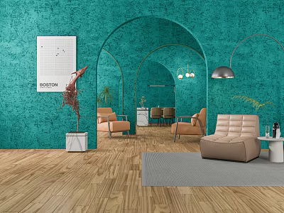 Modern Hotel Lobby Interior With Teal Walls Arched Design And Comfortable Seating 3d model