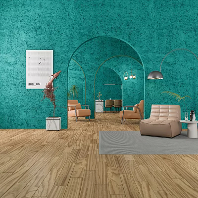 Modern Hotel Lobby Interior With Teal Walls Arched Design And Comfortable Seating 3d model