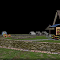 Garden Landscape with Rustic Cobblestone Ground Small Cottage Tents Trees and Green Grass