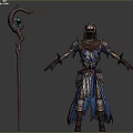Elderly Wizard In Blue Robe With Crystal Staff And Magical Creature