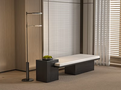 Modern Interior Design Featuring White Bench With Black Side Table Green Fruits And Wooden Wall 3d model