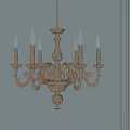 Traditional Metal Chandelier With Ornate Carved Design And Candle Shaped Bulbs Against Gray Wall