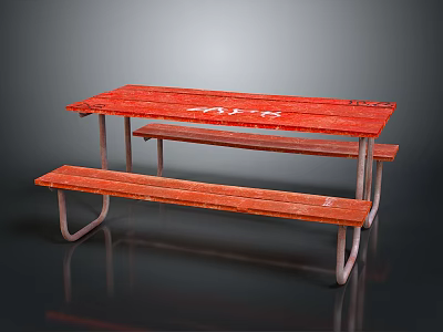 Sturdy Red Wooden Picnic Dining Table Set with Attached Benches and Metal Frame 3d model