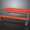 Sturdy Red Wooden Picnic Dining Table Set with Attached Benches and Metal Frame