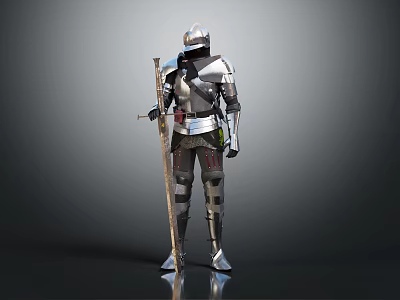Standing Armored Knight Character Wearing Steel Armor Holding Long Sword in Gray Background 3d model
