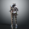 Standing Armored Knight Character Wearing Steel Armor Holding Long Sword in Gray Background