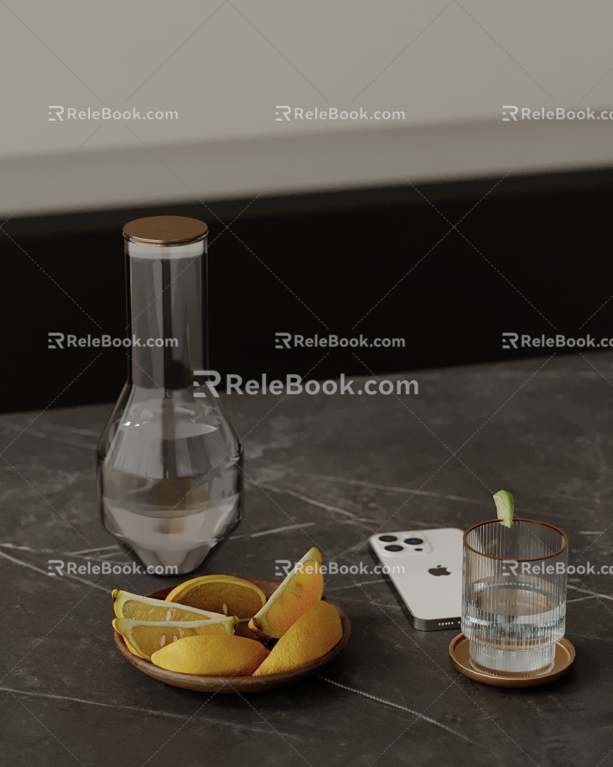 Modern Decoration Combination Phone Wine Glass Wine Bottle Lemon Fruit Plate 3d model