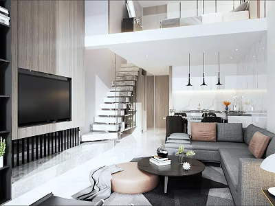 Modern Apartment Interior Featuring Living Room Open Kitchen Staircase Sofa Coffee Table And Rug 3d model