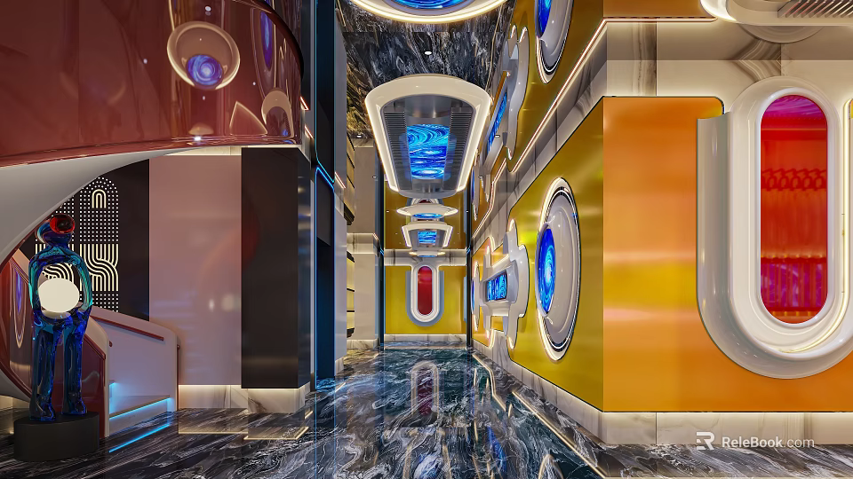 KTV Interior Corridor With Modern Futuristic Design Glowing Screens And Colorful Walls 3d model 