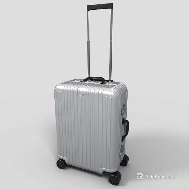 Silver Hard Shell Suitcase With Vertical Stripes Telescopic Handle And Rolling Wheels 3d model 