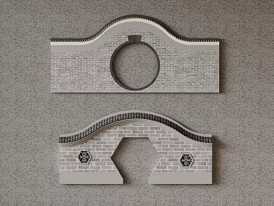 Brick Decorative Components With Circular And Hexagonal Openings And Ornamental Patterns On Gray Textured Surface 3d model