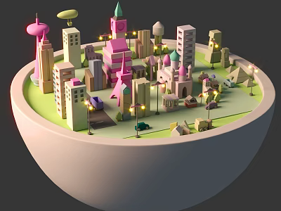 Commercial Equipment for 3D Miniature City Model Display with Colorful Buildings Street Lamps and Cars 3d model