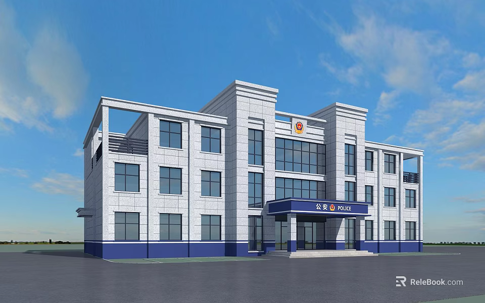 Multi Story Office Building Exterior With White Walls Blue Base And Glass Windows 3d model 