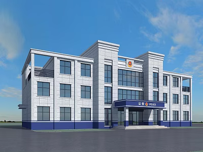 Multi Story Office Building Exterior With White Walls Blue Base And Glass Windows 3d model