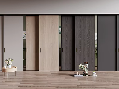 Modern Interior Design With Multicolor Wooden And Glass Sliding Doors Wooden Floor And Decorative Vases 3d model