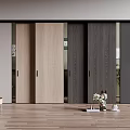 Modern Interior Design With Multicolor Wooden And Glass Sliding Doors Wooden Floor And Decorative Vases