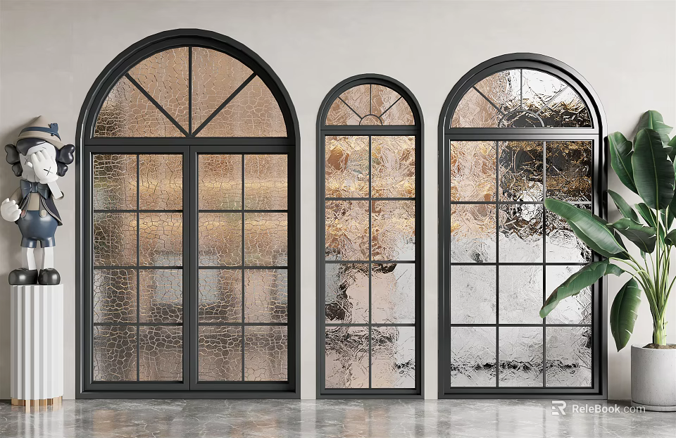 Modern Arched Floor to Ceiling Windows with Black Frames and Textured Glass 3d model 