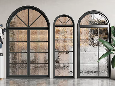 Modern Arched Floor to Ceiling Windows with Black Frames and Textured Glass 3d model