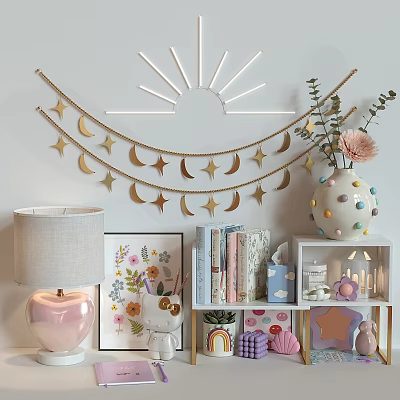 Cozy Interior With Gold Moon Star Garland Sunburst Light Polka Dot Vase And Decorative Shelf 3d model