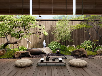 Zen Style Courtyard Garden With Wooden Deck Stone Elements Green Trees And Woven Cushions 3d model