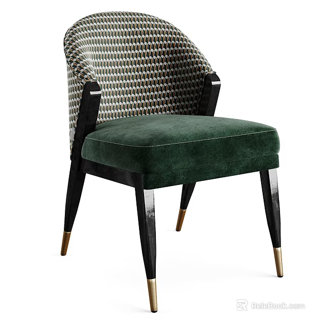 Elegant Modern Dining Chair With Woven Backrest Green Velvet Seat Black Legs And Gold Details 3d model 