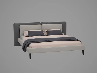 Modern Double Bed With Gray Headboard Light Mattress And Soft Pillows 3d model