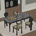 Elegant Dining Table Set With Marble Pattern Top Dark Green Chairs Pink Flowers And Fruits