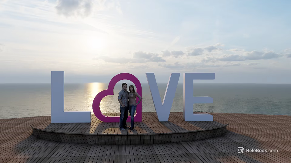 Outdoor Garden Ornament Featuring LOVE Letters Pink Heart And Couple By Sea Sunset View 3d model 