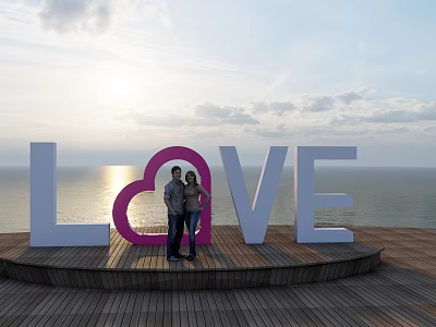 Outdoor Garden Ornament Featuring LOVE Letters Pink Heart And Couple By Sea Sunset View 3d model