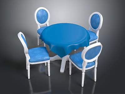 Round Blue Tabletop Dining Table Set with White Legs and Blue Cushioned Chairs 3d model