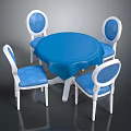 Round Blue Tabletop Dining Table Set with White Legs and Blue Cushioned Chairs