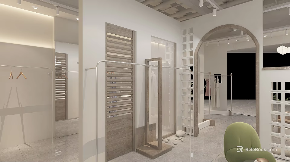 Modern Clothing Store Interior Design With White Walls Wooden Shutters Transparent Racks And Green Chair 3d model 
