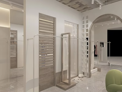 Modern Clothing Store Interior Design With White Walls Wooden Shutters Transparent Racks And Green Chair 3d model