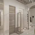 Modern Clothing Store Interior Design With White Walls Wooden Shutters Transparent Racks And Green Chair