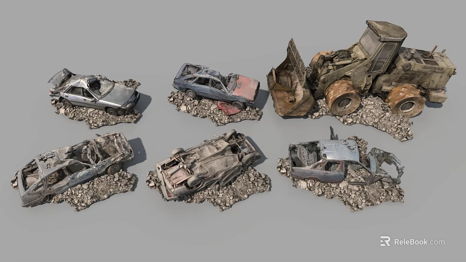 Wrecked Abandoned Cars And Machinery Surrounded By Rubble Scrap 3d model 